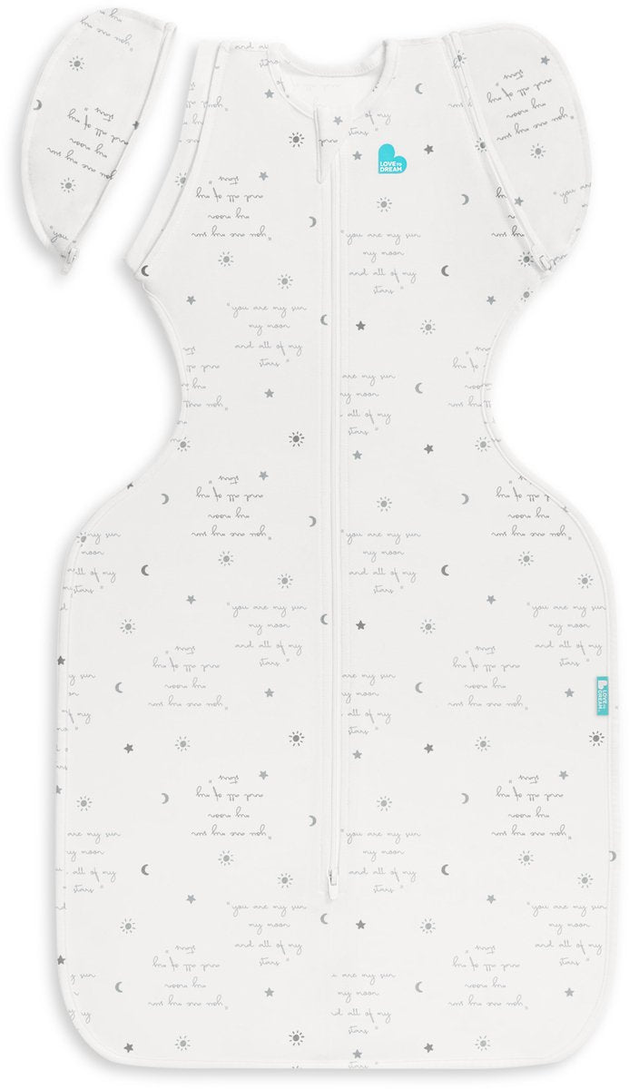 Love to dream ™ saco de dormir para bebé swaddle up™ - envoltorio reductor - bebé 4-6 meses - 6-8,5 kg - verano - blanco con texto