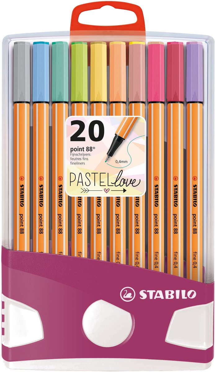 Stabilo point 88 - fineliner 0,4 mm - pastello parade - set con 20 colori diversi - inclusi 10 colori pastello