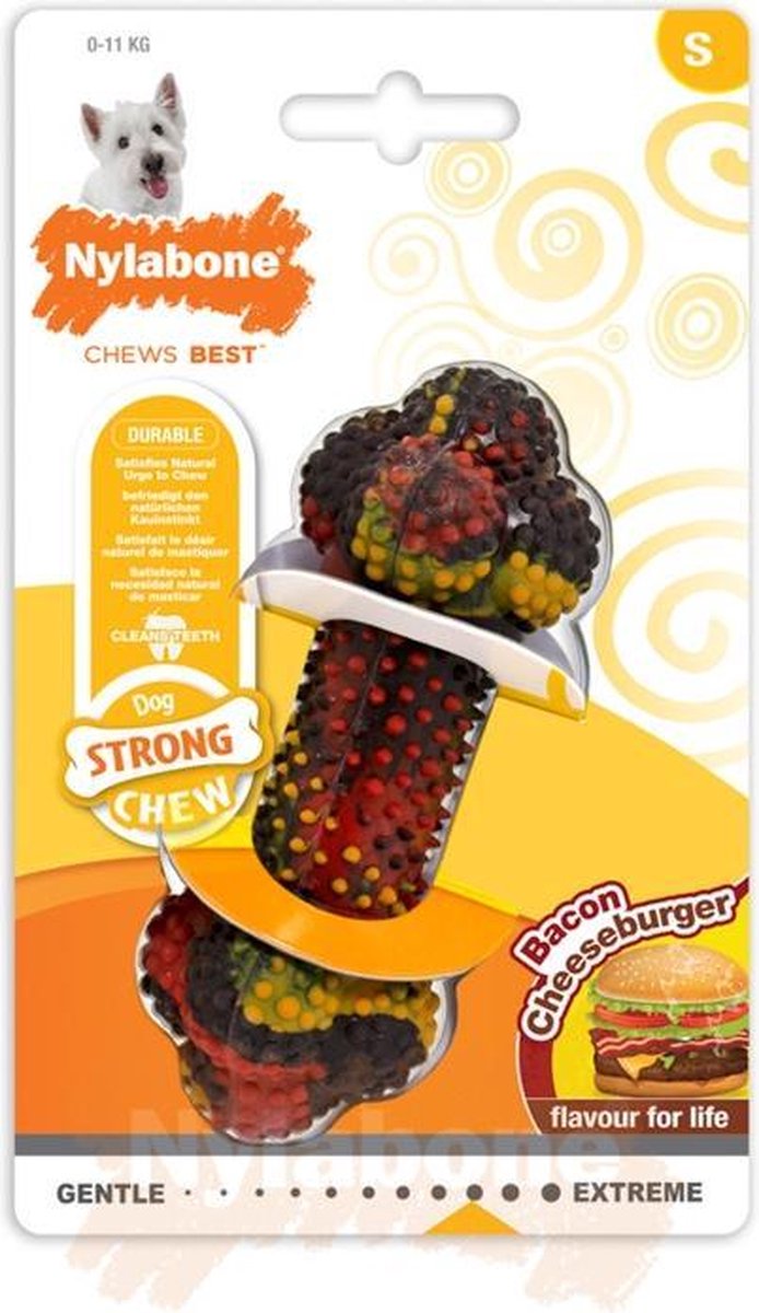 Hueso masticable fuerte Nylabone con sabor a hamburguesa con queso y tocino - para masticadores fuertes - pequeño - adecuado para perros pequeños de hasta 11 kg - pequeño