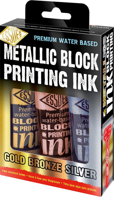 Essdee block printing ink metallic set - lino paint - 3 colors - gold, silver, bronze - 100ml