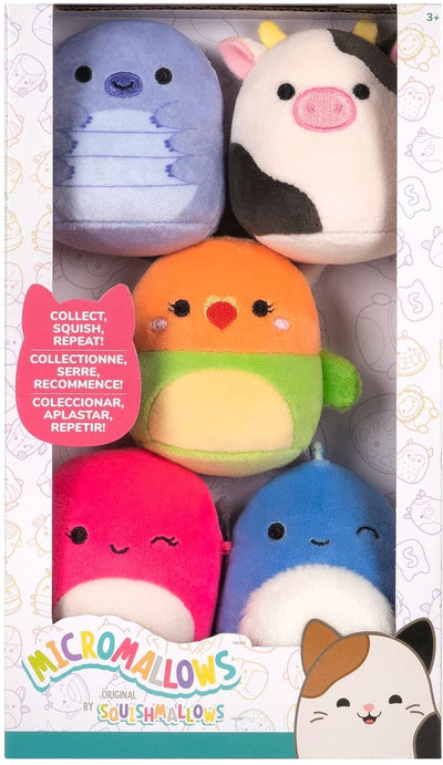 Jazwares micromallows - confezione da 5 squishmallow di peluche (tew, connor, plath, brody, lasla) 6 cm