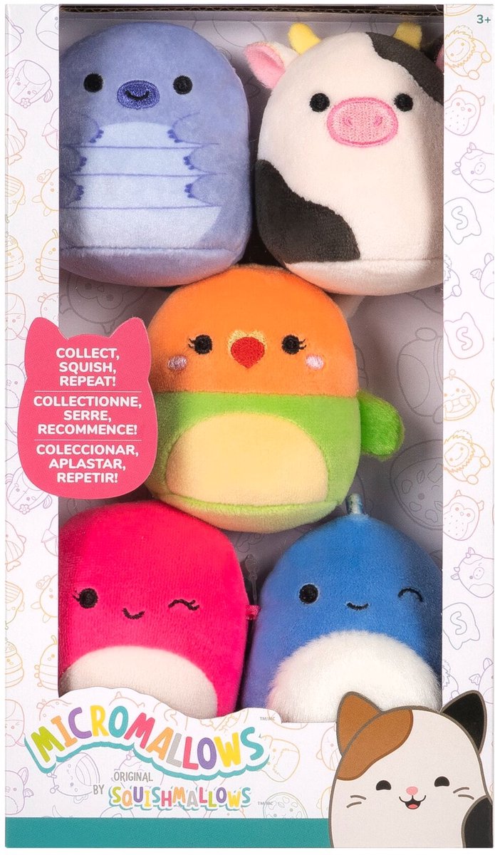 Jazwares micromallows - confezione da 5 squishmallow di peluche (tew, connor, plath, brody, lasla) 6 cm