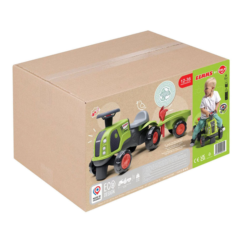 Falk Claas 470 Arion cavalcabile verde con rimorchio + set sabbia