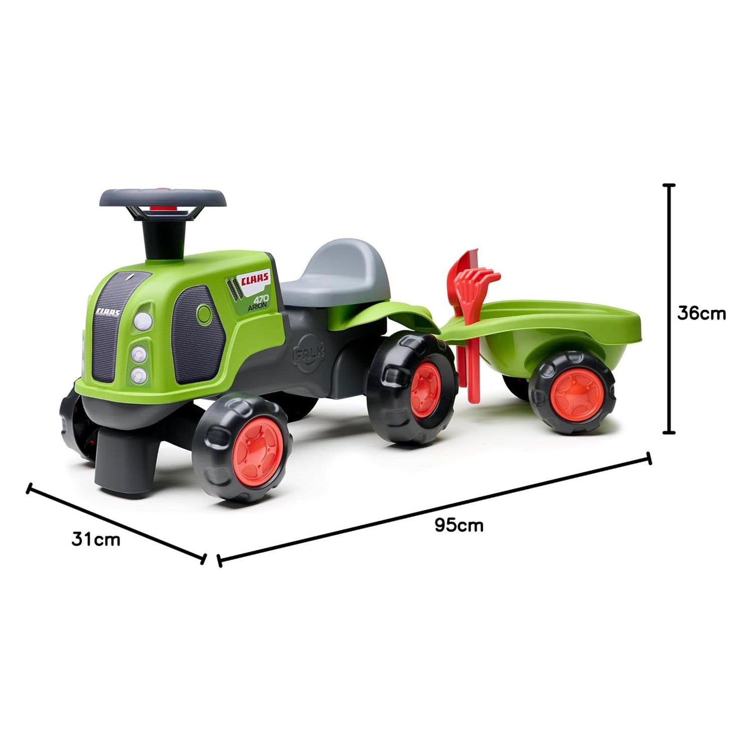 Falk Claas 470 Arion cavalcabile verde con rimorchio + set sabbia