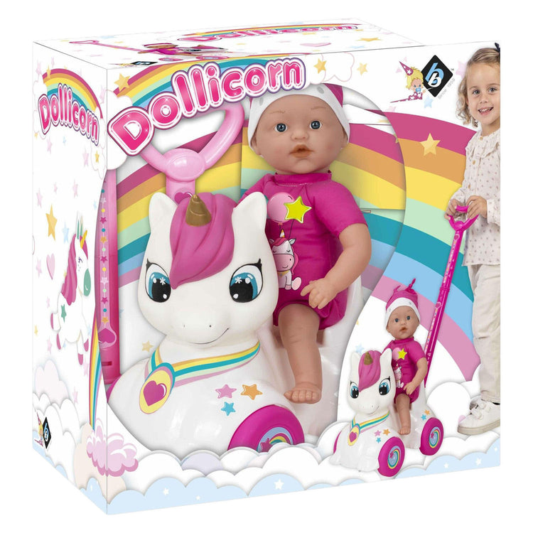 Muñeco bebé Dollicorn con correpasillos unicornio - 37cm