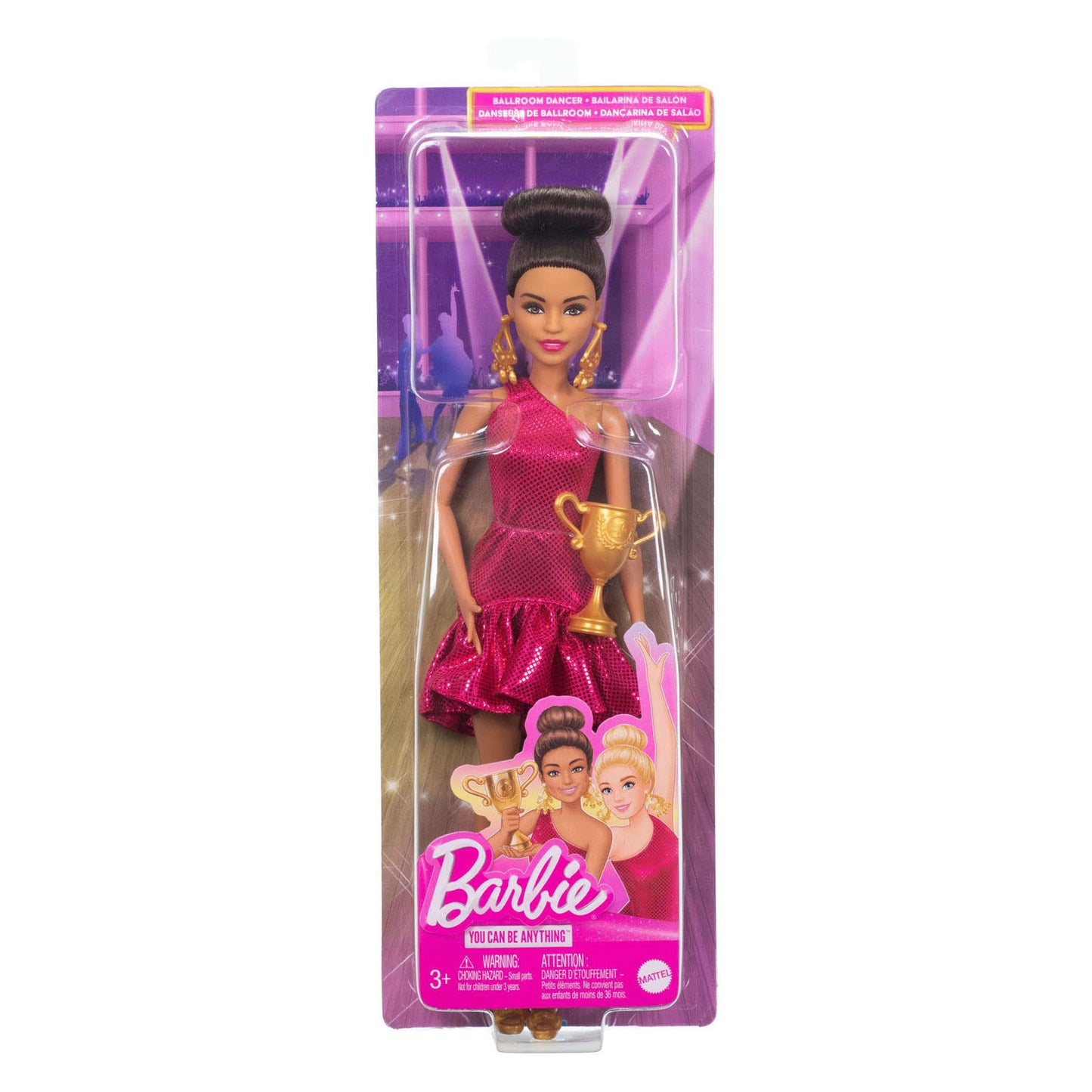 Muñeca Barbie Mattel bailarina de salón con accesorios y detalles dorados.