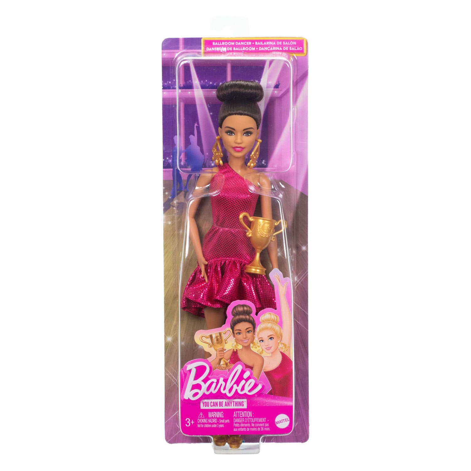 Muñeca Barbie Mattel bailarina de salón con accesorios y detalles dorados.