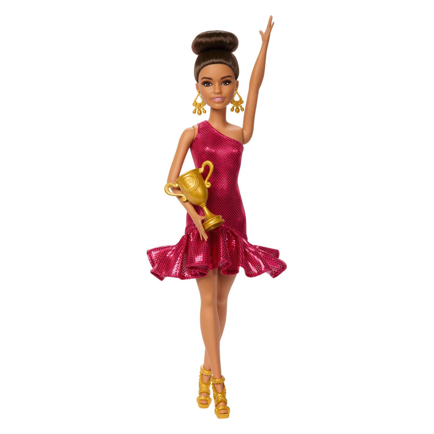 Muñeca Barbie Mattel bailarina de salón con accesorios y detalles dorados.