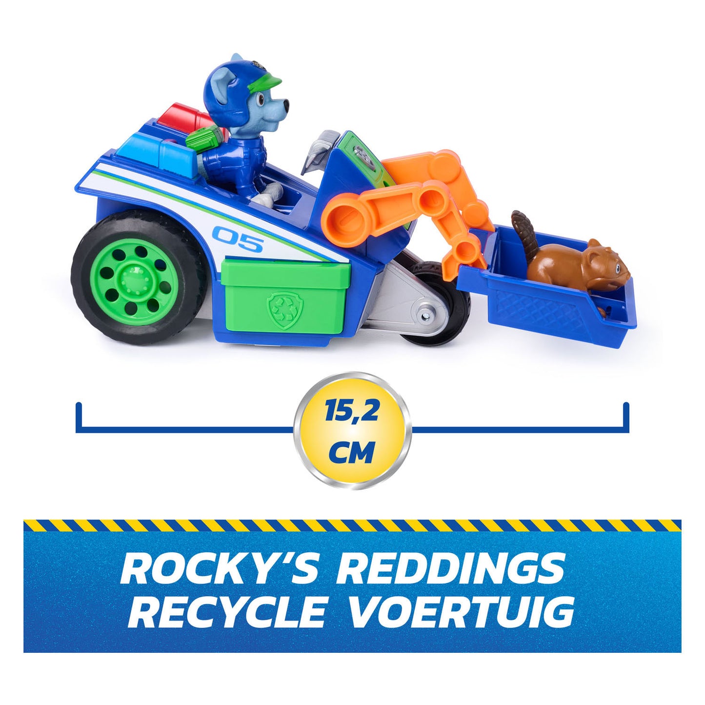 Patrulla canina - búsqueda y rescate - vehículo de reciclaje de rocky con función de retroceso de 2 figuras - vehículos de juguete