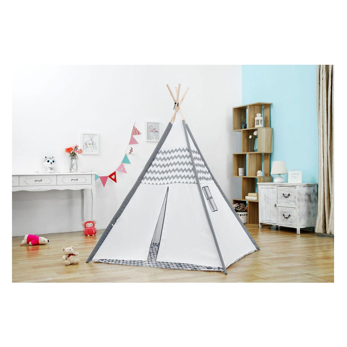 Tipi con bastoncini di legno e tappeto - 120x120x150 cm