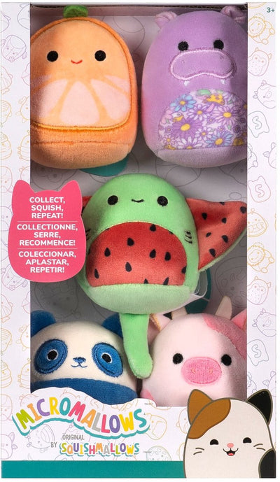 Jazwares micromallows - Paquete de 5 squishmallows de peluche (lai, reshma, scout, orin, hanna) 6cm