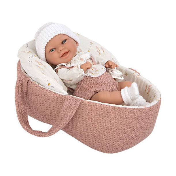 Muñeco bebé Elegance babyto rosa con cesta de transporte y almohada - 33 cm