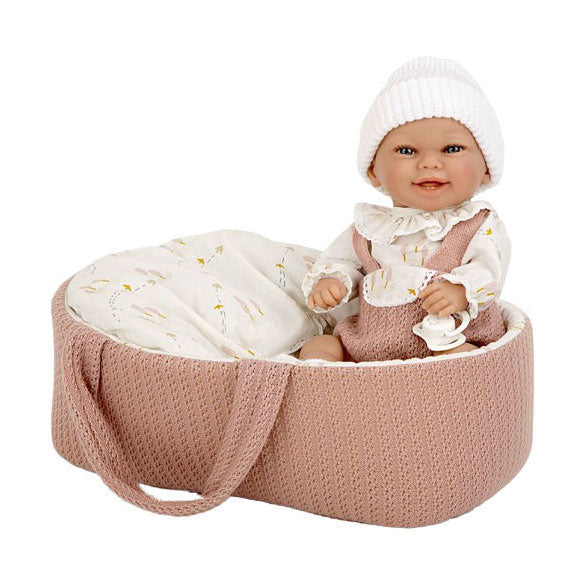 Muñeco bebé Elegance babyto rosa con cesta de transporte y almohada - 33 cm