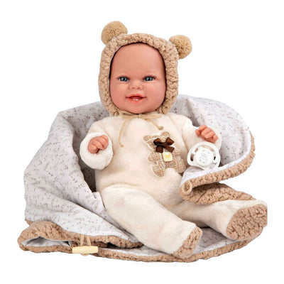 Muñeco bebé Elegance babyto traje de osito beige con mantita - 35 cm