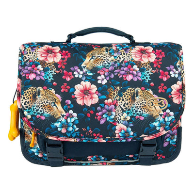 Mochila escolar de cedro índigo emboscada floral piedras y huesos