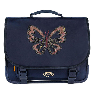 Borsa da scuola in cedro blu scuro con farfalle glitterate pietre e ossa