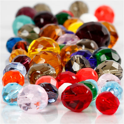 Perle di vetro sfaccettate dell'azienda Creativ, misura 3-15 mm, dimensione del foro 0,5-1,5 mm, ca. 450 pezzi, vari colori, 400 g 1 scatola
