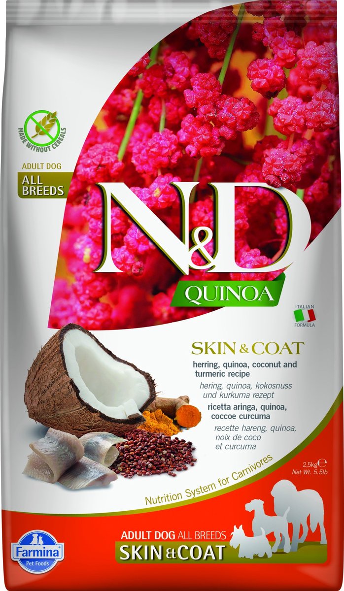 N d quinoa hondenvoeding skin coat medium maxi haring 2,5 kg