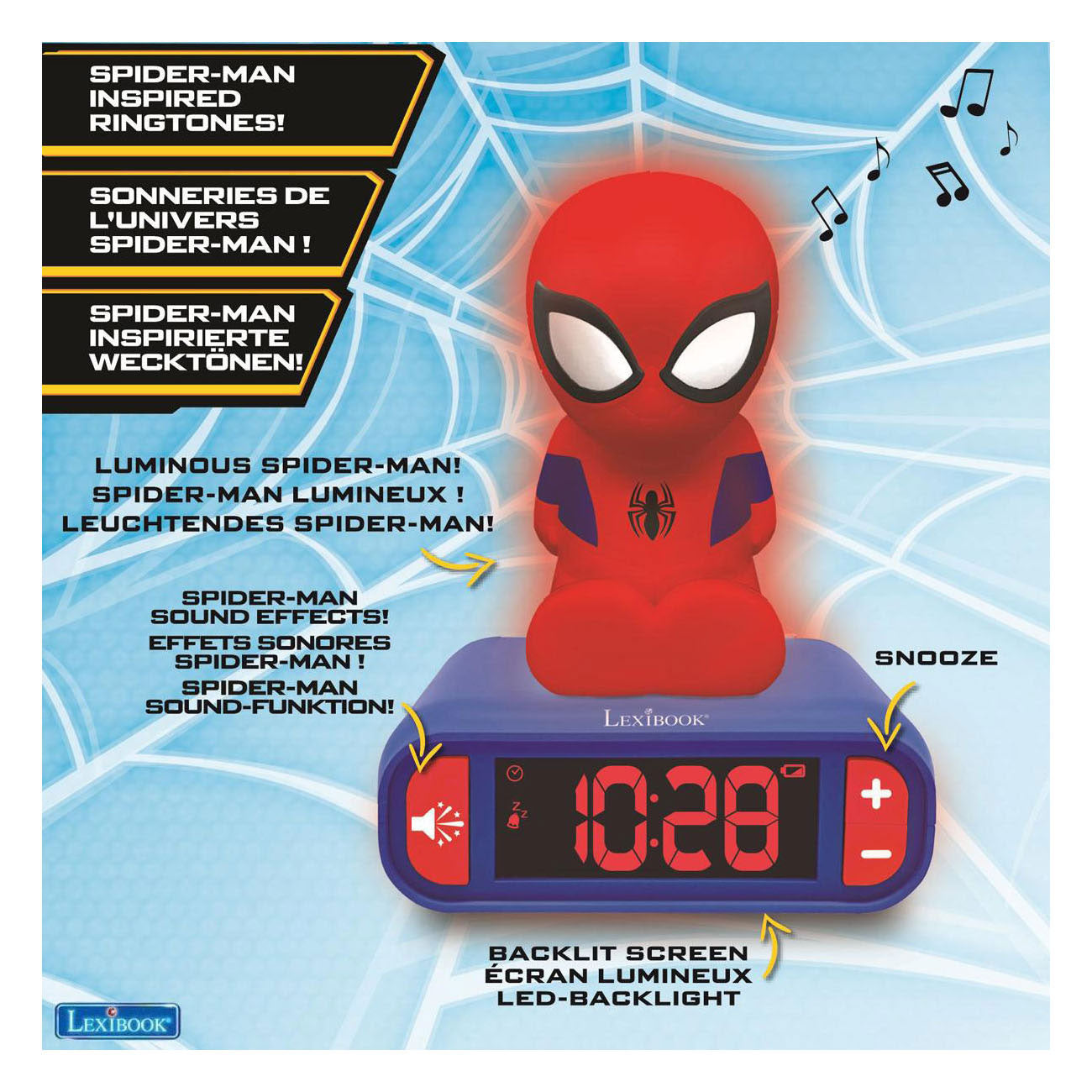 Sveglia Lexibook con luce notturna design 3D Spiderman ed effetti sonori