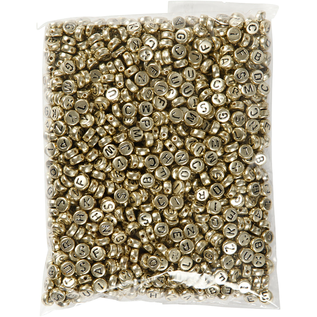 Perline con lettere dell'azienda Creativ, d 7 mm, dimensione del buco 1 mm, ca. 1500 pezzi, oro, 165 gr 1 scatola
