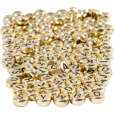 Perline con lettere dell'azienda Creativ, d 7 mm, dimensione del buco 1 mm, ca. 1500 pezzi, oro, 165 gr 1 scatola
