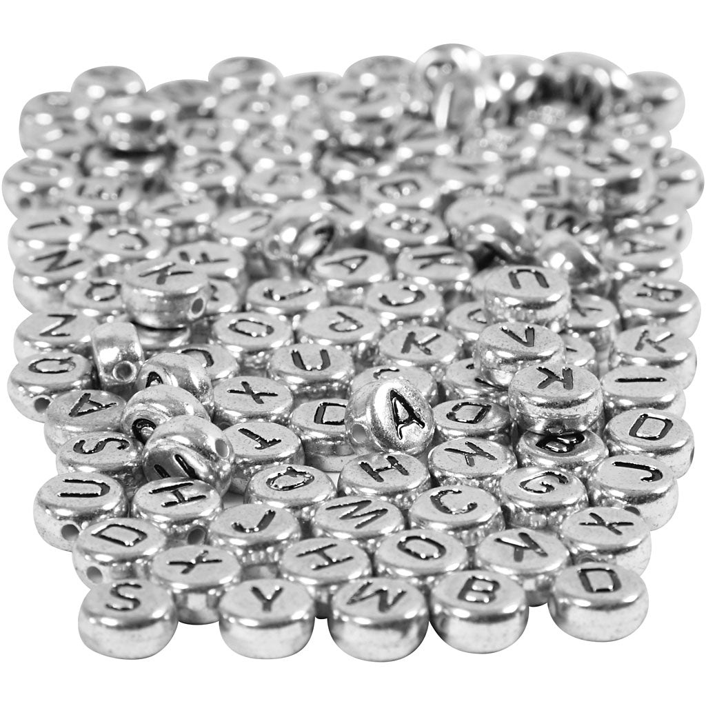 Perline con lettere dell'azienda Creativ, d 7 mm, dimensione del buco 1,2 mm, ca. 1500 pezzi, argento, 165 g 1 scatola