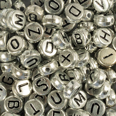 Cuentas con letras Creativ Company, dia 7 mm, medida del agujero 1,2 mm, aprox. 200 piezas, plata, 21 g 1 caja