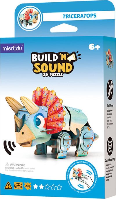 Mieredu 3D puzzle build sound: dino triceratops 13.03x6.64x7.24cm, with sound, works on 1 button cell battery CR2032 (included), in box 10.8x3.5x19.4cm, 6+