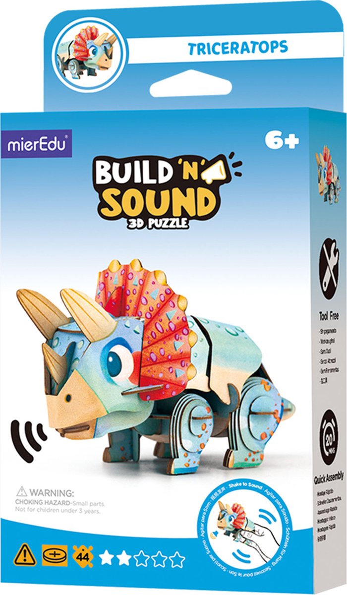Mieredu rompecabezas 3D con sonido: dino triceratops 13,03x6,64x7,24cm, con sonido, funciona con 1 pila de botón CR2032 (incluida), en caja 10,8x3,5x19,4cm, 6+