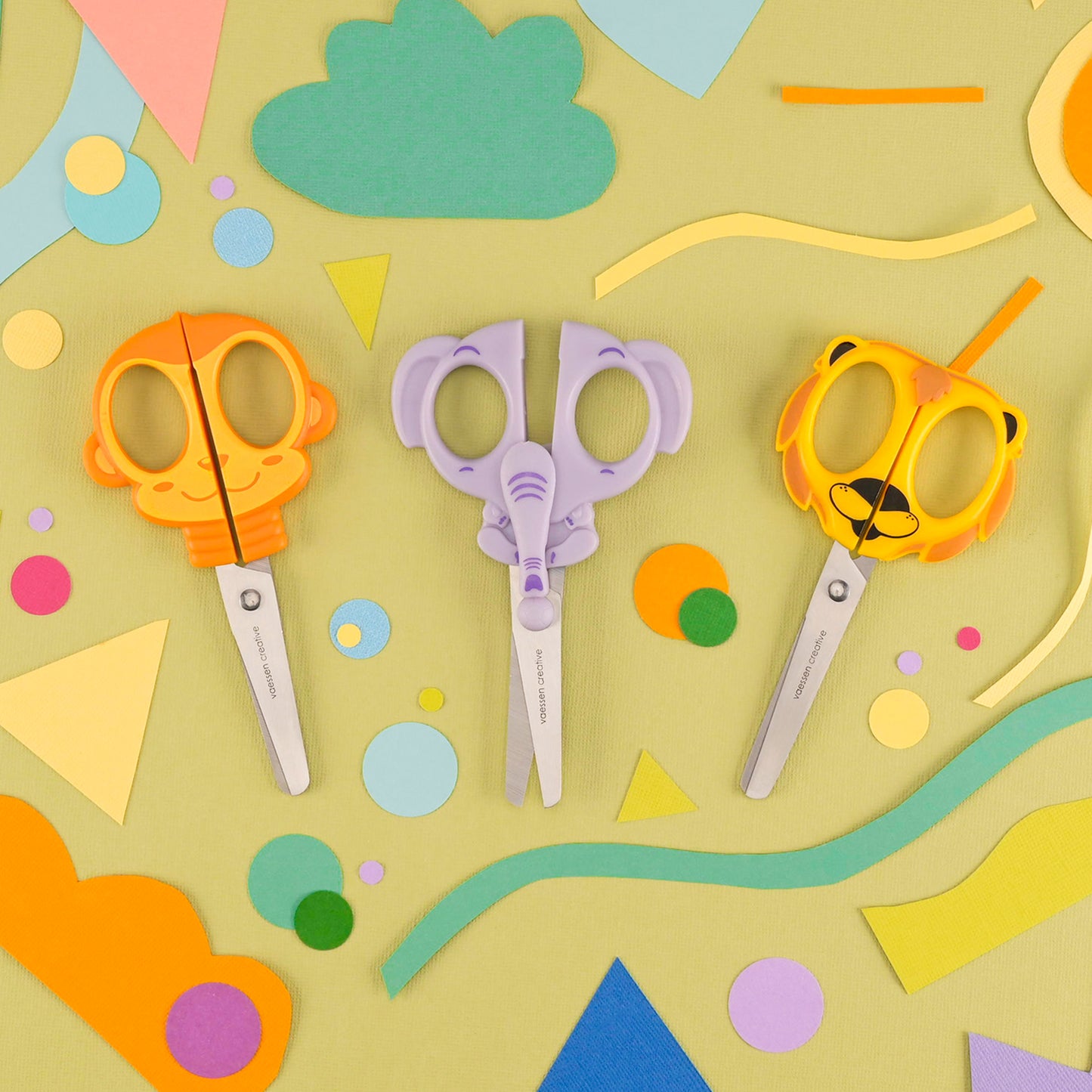 Vaessen creative • juego de tijeras para niños mono elefante león 3 piezas.