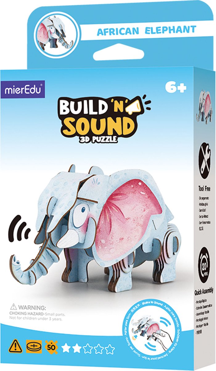 Mieredu 3d puzzel - afrikaanse olifant - met geluid - 13,8x7,27x6,39cm - 6 jaar