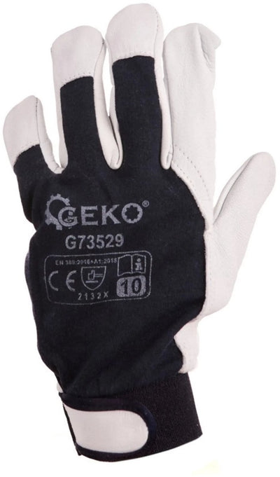 Geko leather work gloves - velcro closure - size 10 - blue and white - en388 protection - 12 pieces