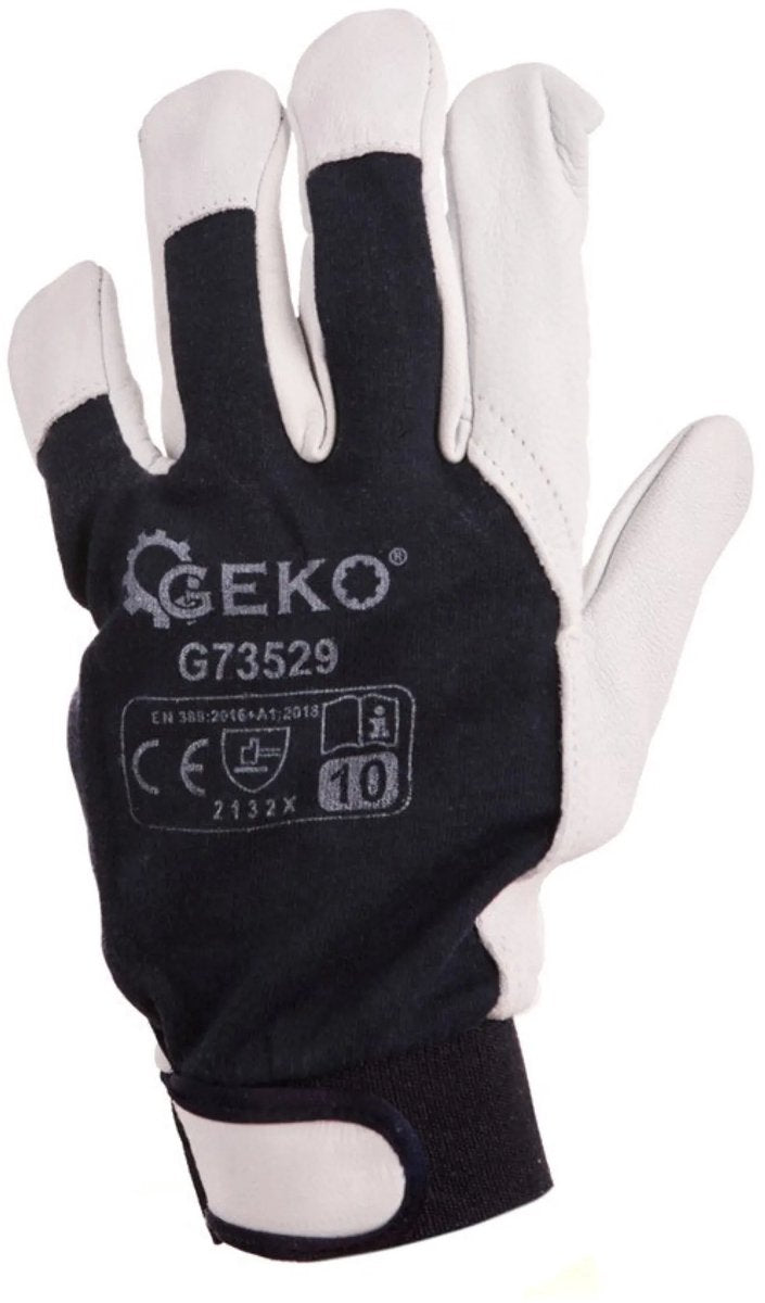 Geko leren werkhandschoenen - velcro sluiting - maat 10 - blauw en wit - en388 bescherming - 12 stuks