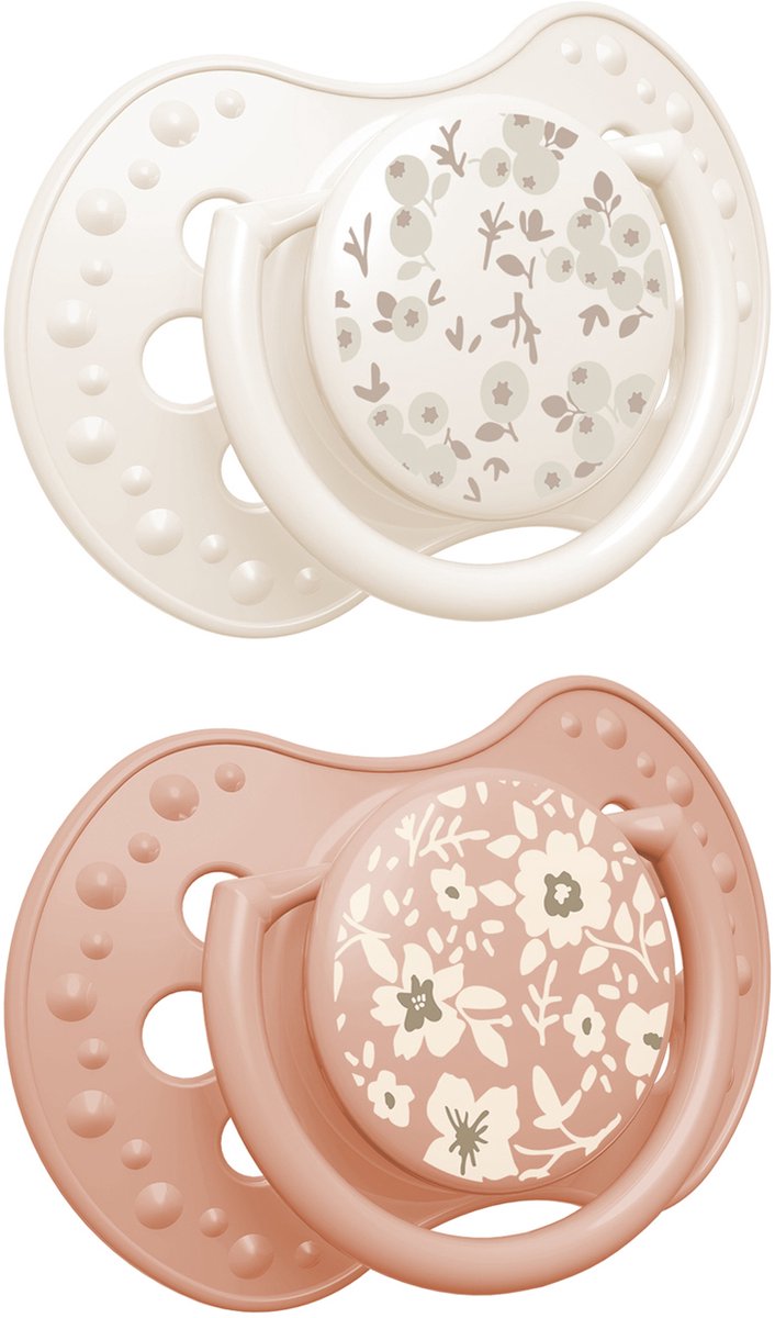 Difrax lovi ciuccio dinamico - classy - da 0 a 6 mesi - fiore - bianco arancio - 2 pezzi