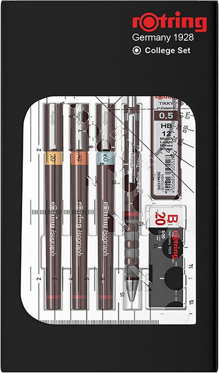 Set di penne Rotring isograph, penna tecnica e portamine, set college | 3 fineliner (0,2 mm, 0,4 mm, 0,6 mm) e portamine (0,5 mm) più accessori | 9 pezzi