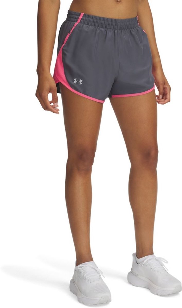 Under armour ua fly by 3'' shorts-gry dames sportbroek - castlerock - super roze - reflecterend