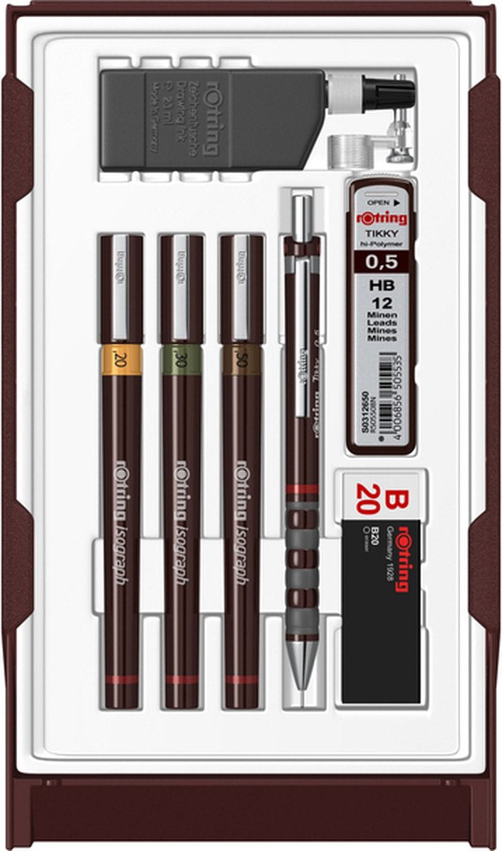 Set di penne Rotring isograph, penna tecnica e portamine, set college | 3 penne (0,2 mm, 0,3 mm, 0,5 mm) e portamine (0,5 mm) più accessori | 9 pezzi