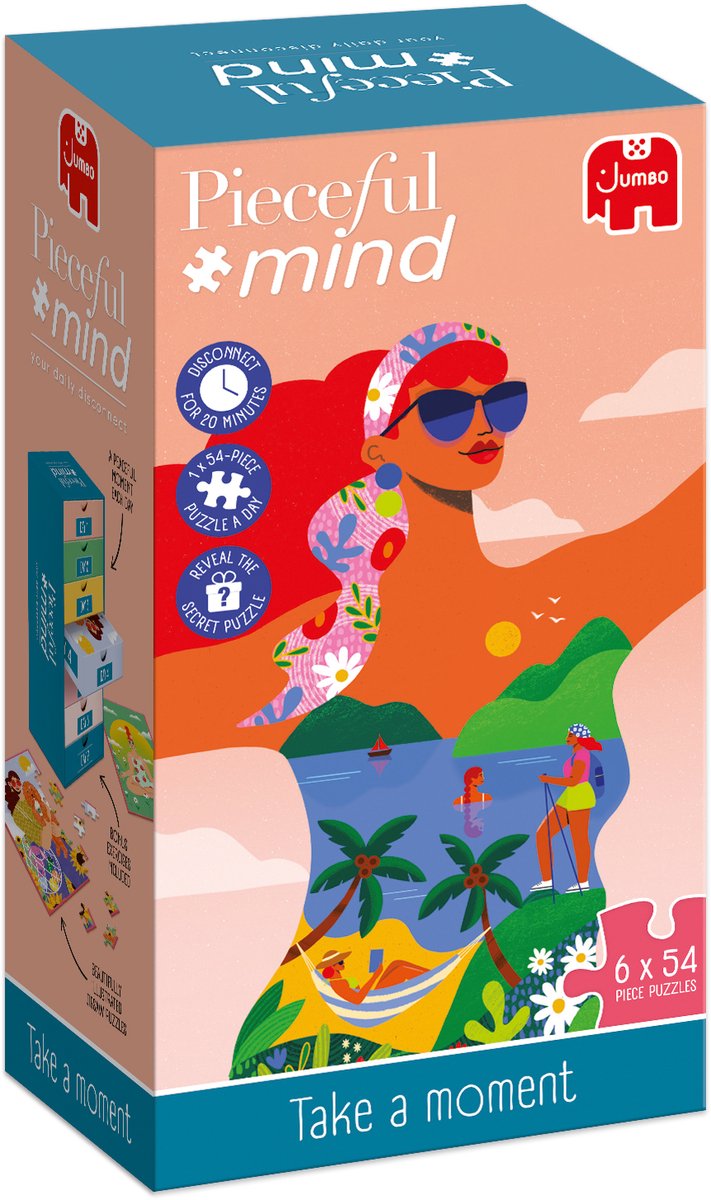 Jumbo pieceful mind - tómate un momento - rompecabezas - 6 puzzles de 54 piezas - ejercicio de mindfulness - regalo de relajación - a partir de 14 años