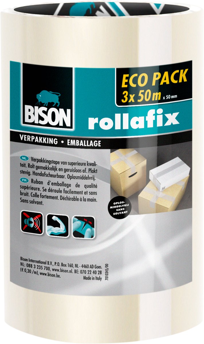 Bison 3 rotoli di nastro da imballaggio rollafix trasparente confezione risparmio 50 metri x 5 cm, strappabile a mano, nastro da imballaggio resistente