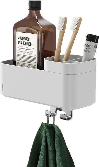 Tiger 2-store - portacepillos de dientes - estante para ducha - estante para almacenamiento de baño - con ganchos para toallas - sin taladrar - taladrar ni pegar - blanco