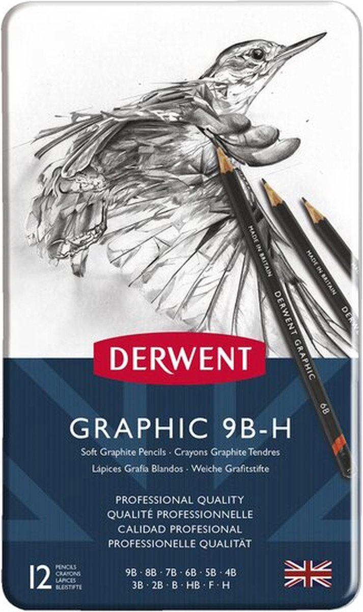 Derwent graphic soft potlodenset in blik - grafietpotloden in 12 hardheden - 12 stuks
