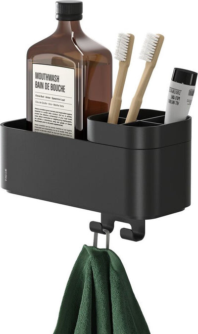 Tiger 2-store - portacepillos de dientes - estante para ducha - estante para almacenamiento de baño - con ganchos para toallas - sin taladrar - taladrar ni pegar - negro