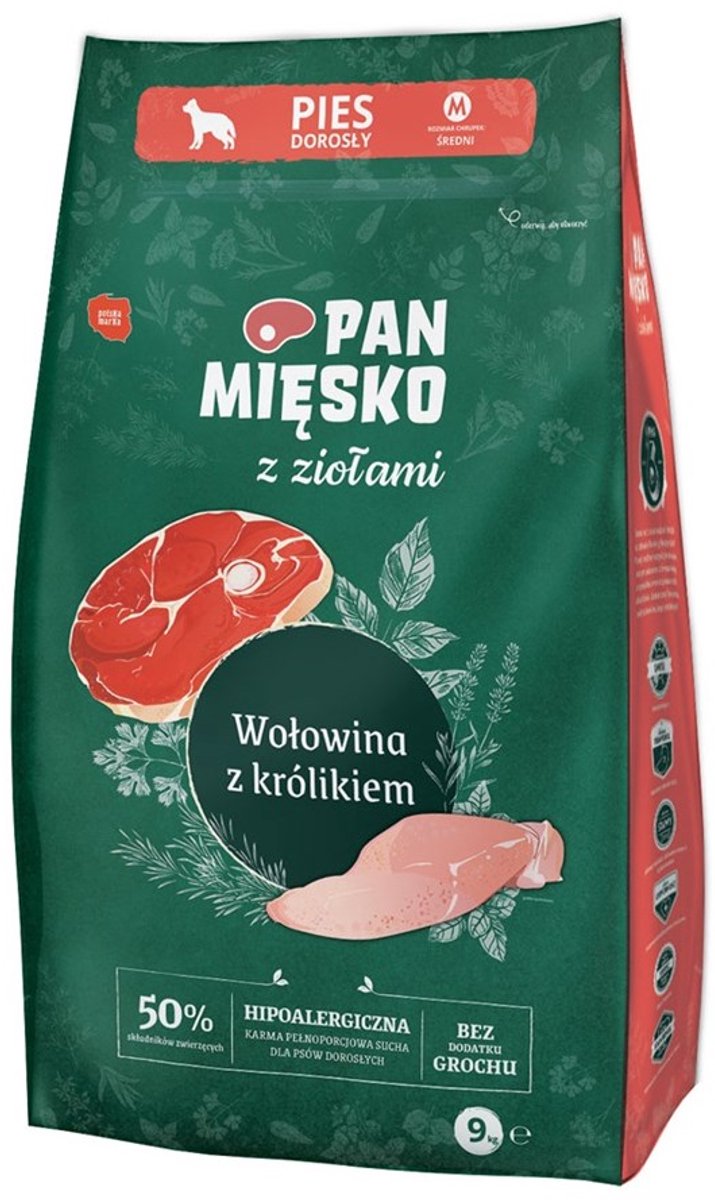 Pan mięsko – cibo secco per cani alle erbe – manzo di coniglio – razze medie m – 9 kg – naturalmente senza cereali