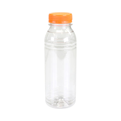 Fles transparant pet 330 cc + oranje dop (175 stuks)