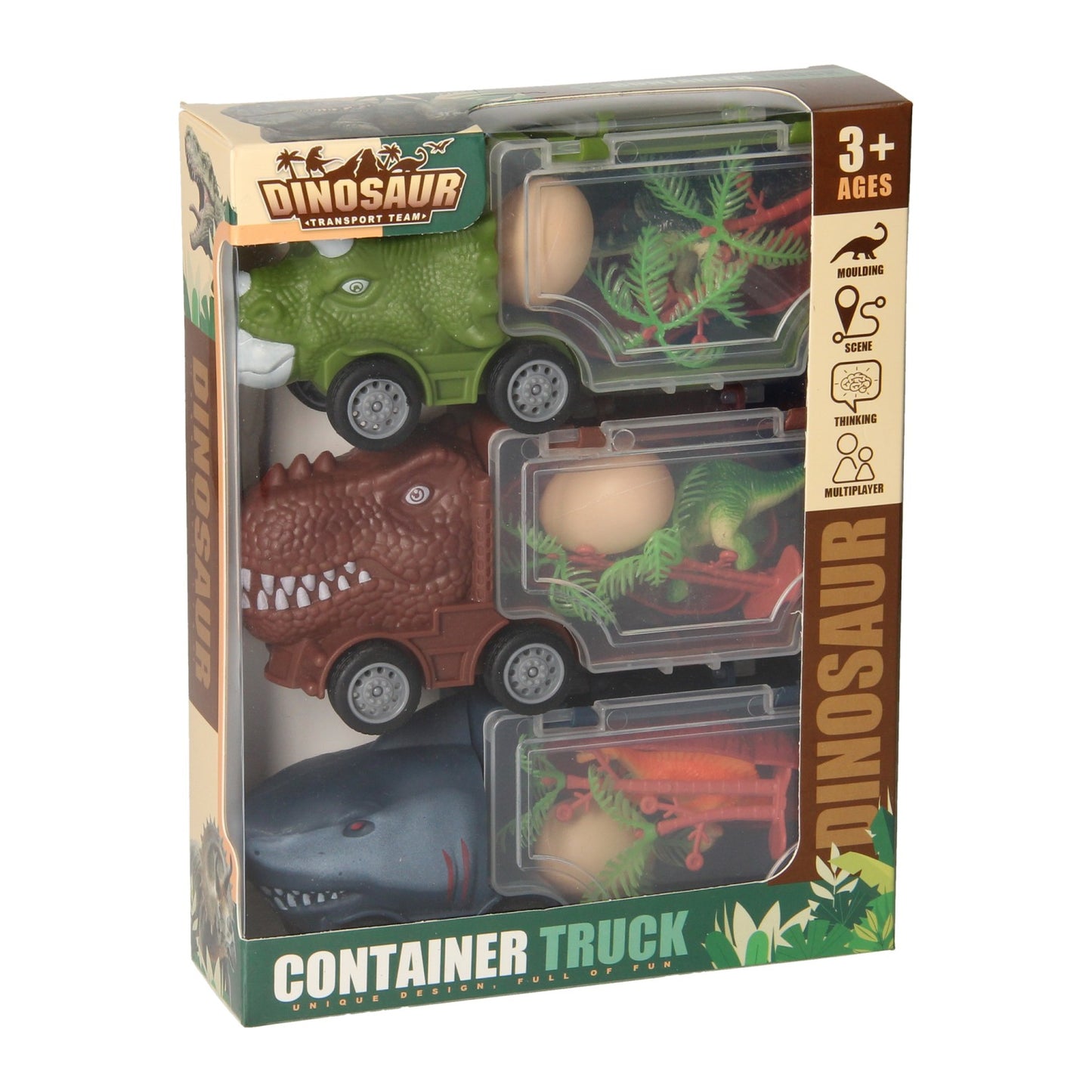 Juego de camiones dinosaurios y tiburones, 3 piezas.