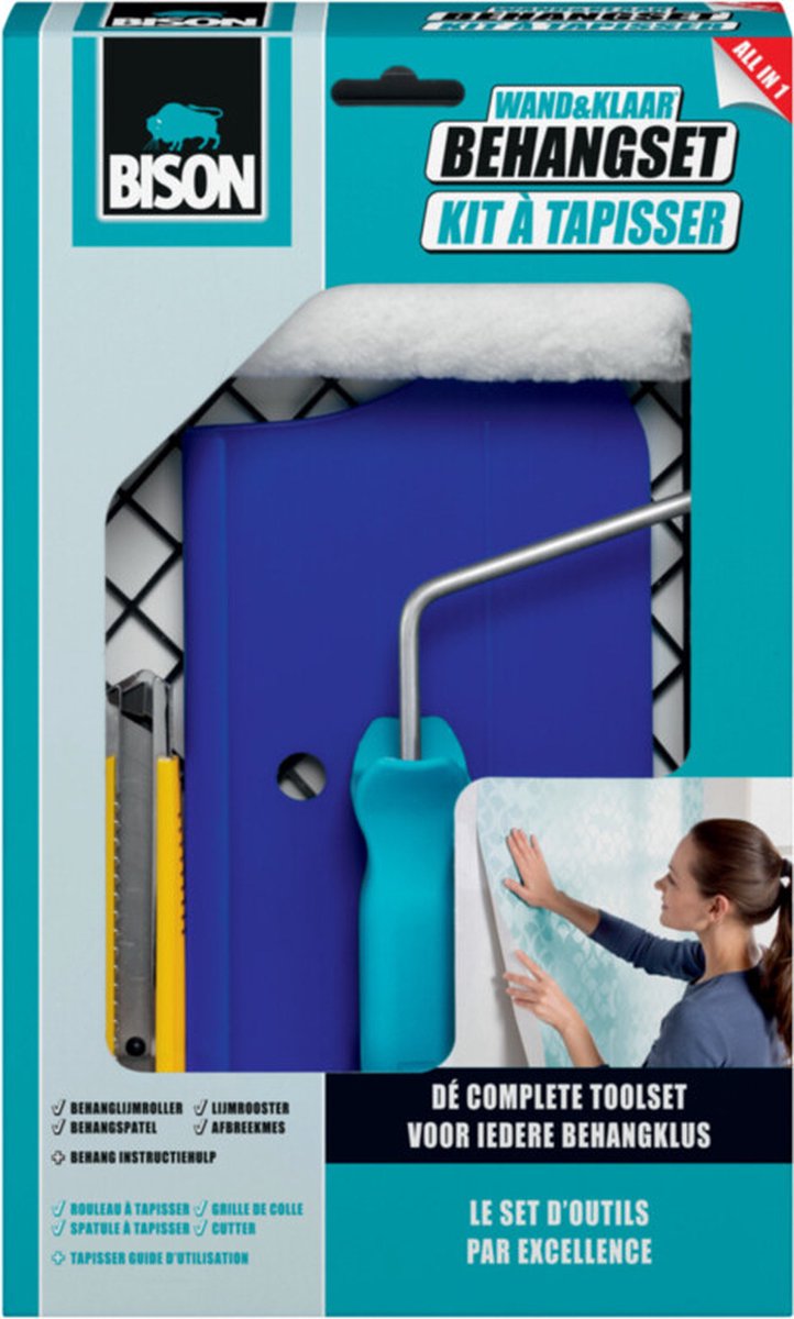 Bison wall ready® Set da 5 pezzi per carta da parati con griglia adesiva, rullo adesivo per carta da parati, spatola per carta da parati, coltello staccabile, guida per le istruzioni, adatto a tutti i tipi di carta da parati