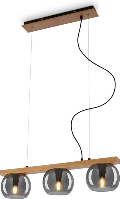Briloner - kyro - lampada a sospensione, con legno, vetro fumè, 3x e14 max.10w