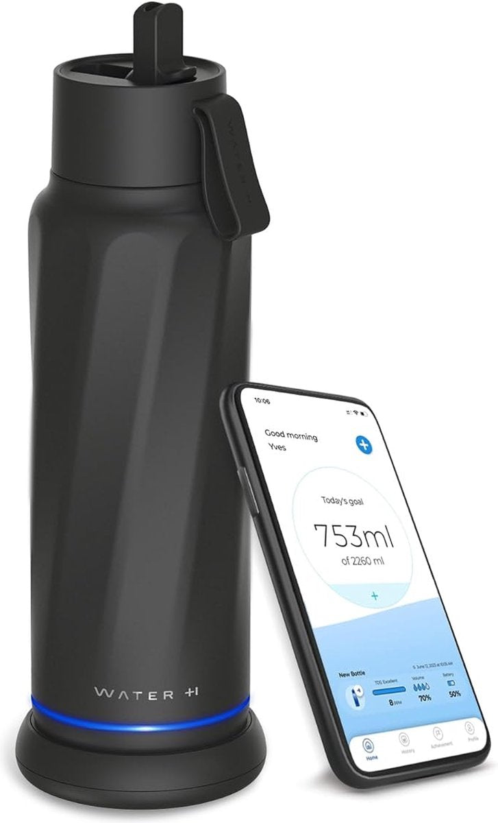 Waterh vita - slimme waterfles met water tracker - led verlichting - roestvrij staal - flip deksel + rietje - 530ml - zwart