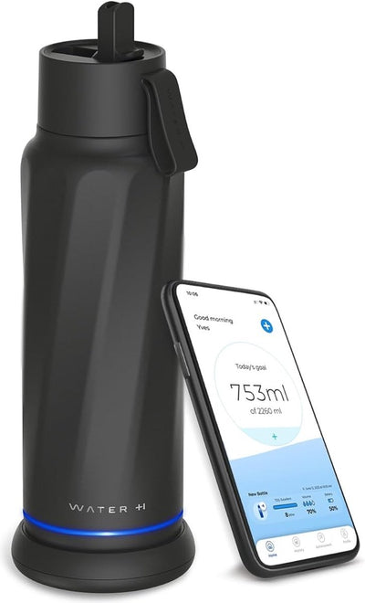Waterh vita - botella de agua inteligente con rastreador de agua - iluminación LED - acero inoxidable - tapa abatible + pajita - 530 ml - negro