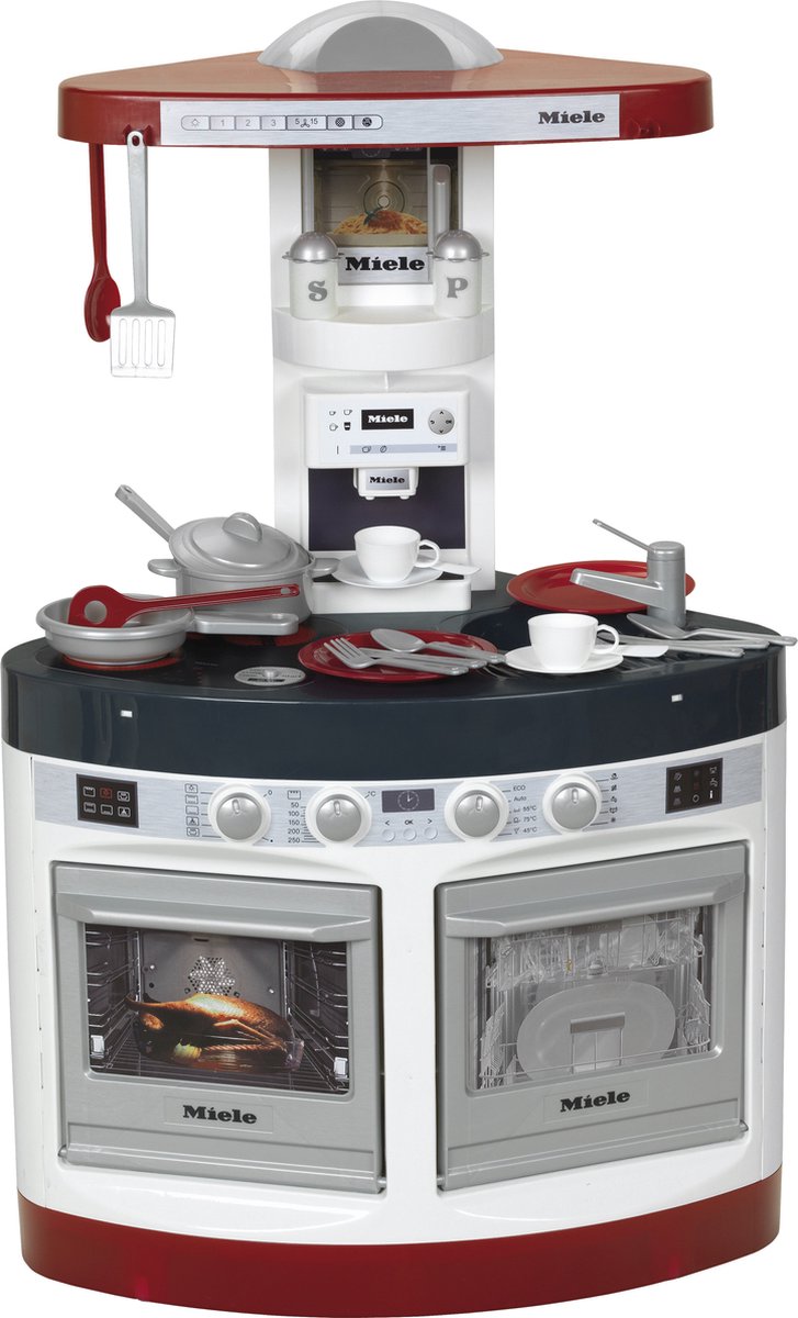 Triángulo de cocina Klein Toys miele - vitrocerámica, cafetera espresso, horno, lavavajillas, campana extractora, fregadero - incl. accesorios a juego, efectos de luz y sonido - rojo gris